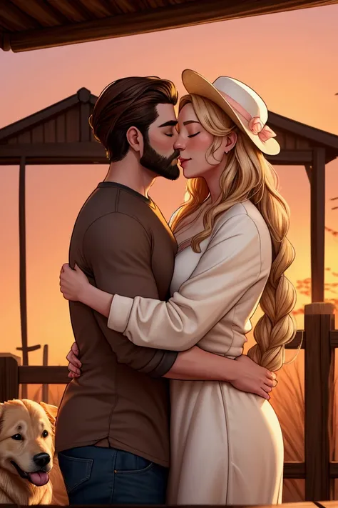 Stylized illustration of a white couple cuddling a Golden Retriever in a cozy rural setting. The man on the left is in profile, with slicked-back brown hair, a well-defined beard, and wearing a dark gray t-shirt. He hugs the dog with a calm, protective exp...