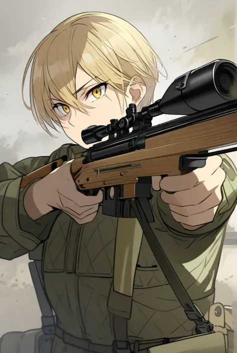 Homme, blond, militaire, short hairs, gun, military outfit, golden eyes, cheveux en épis, sniper, aim, 