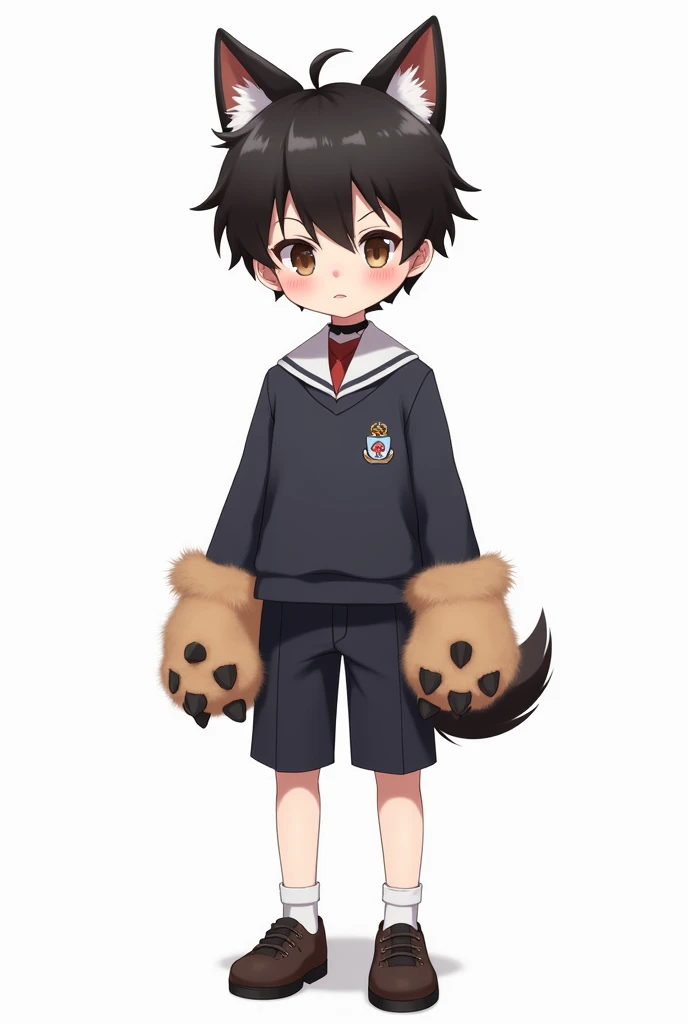  masterpiece ,  best quality , 1 boy,  black hair, school uniform ,realistic, ((The human )),Shota, fake dog ears, dog collar,fake dog tail ,big paw gloves, big paw shoes ,cute,  white background, Clean background