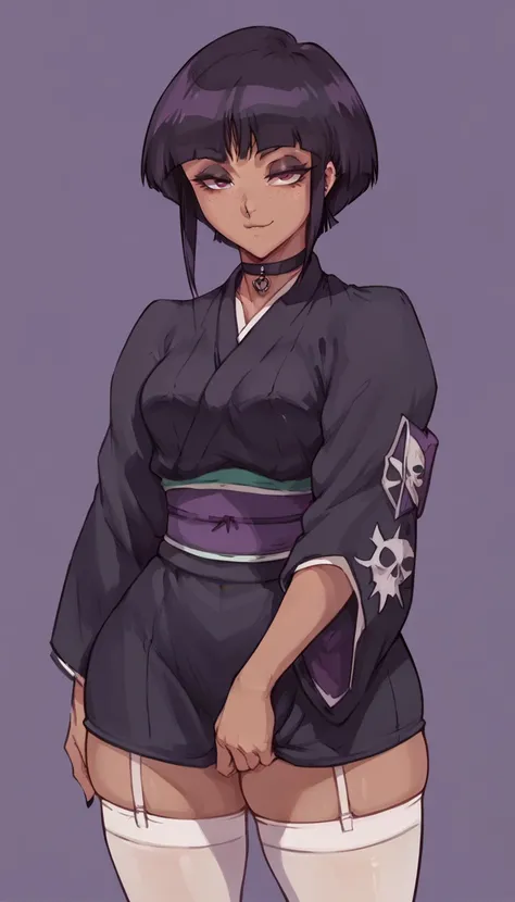 (solo) female , black short hair, woman, attractive, goth,goth , (wearging Nemu kimono) , white stockings thicc, freckles, freckles on face, smug eyes, (happy expression), she is ,standing_split , violet background, simple background, thick thighs  (front ...