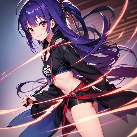 holding Katana, The blade of the Katana is blue, the set up, 1girl, solo, Japanese Kyoto, purple hair, long hair, red eyes, flat chest, slim figure, smile, hoodie,  perfect anatomy