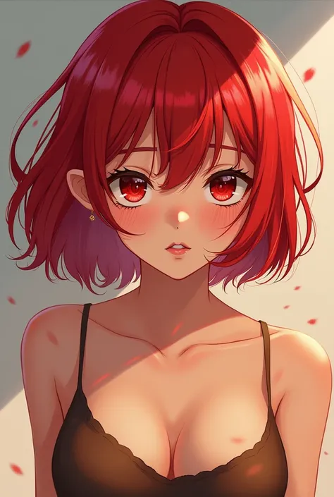 Tanned skin girl, quite tanned, red hair with bangs, slanted red eyes, cute,Bones Studios screenshot, My Hero Academia screenshots, My Hero Academia background,small neckline ,full body image ,short hair to chin ,CABELLO ROJOOOOOOOOO,RED,RED,ROJO,Illustrat...