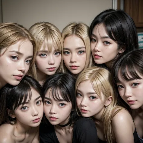 make a group of friends, one blonde, two brunettes and three black haired men. All Asian 