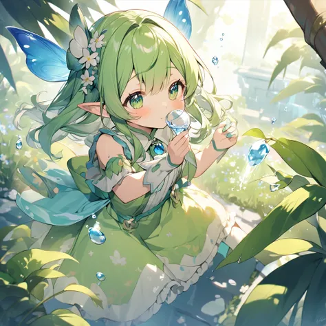 The little fairy holds a drop of water