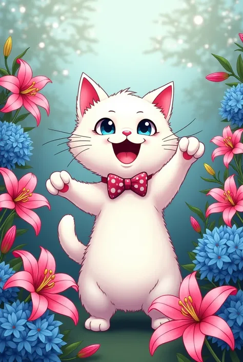 White cat in play pose ,  with a bow tie around their neck ,  surrounded by pink and blue lilies, Manga style