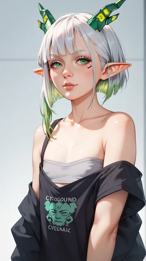 Portrait of an adult dragon girl, mature, looking at the camera, messy short white hair with light green highlights, flat chest, wears loose cyberpunk clothing (small boobs), pale skin with freckles, green eyes, with big dragonic horns, pointy ears. anime ...