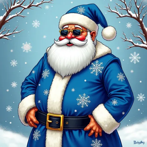 Santa Clos in blue costume pimp blue with snowflakes in drawing
