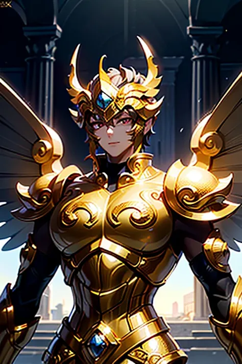 (( best quality )), (( masterpiece )), ( very detailed: 1.3) 1 boy, baimecha, (leoarmor, helmet, golden armor ,  Giant Gold Mechanical Wings , White outer cover :1), bright red eyes,  Large highlight on the eyes,  sanctuary , greek temple, palace, during, ...