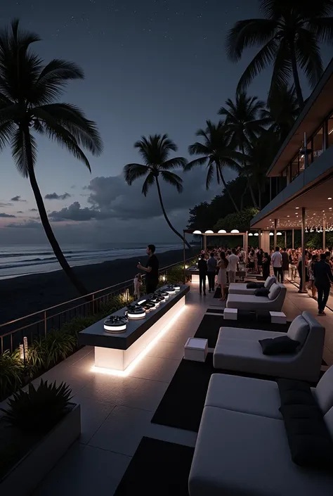 Create a black and white-themed party, on a modern black outdoor terrace overlooking Hawaii beach at night, in the background people partying, with DJ, black and white balloons, white LED lights