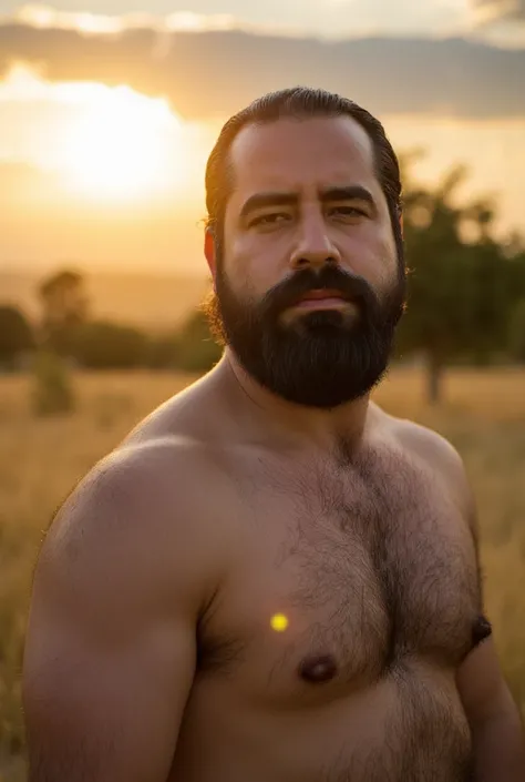 Create an image of a 38-year-old man with a outlined beard ,  muscular and athletic standing outdoors during sunset,  with the bare torso highlighting a powerful physique .  His chest is wide and covered with natural hair ,  which highlights his masculinit...