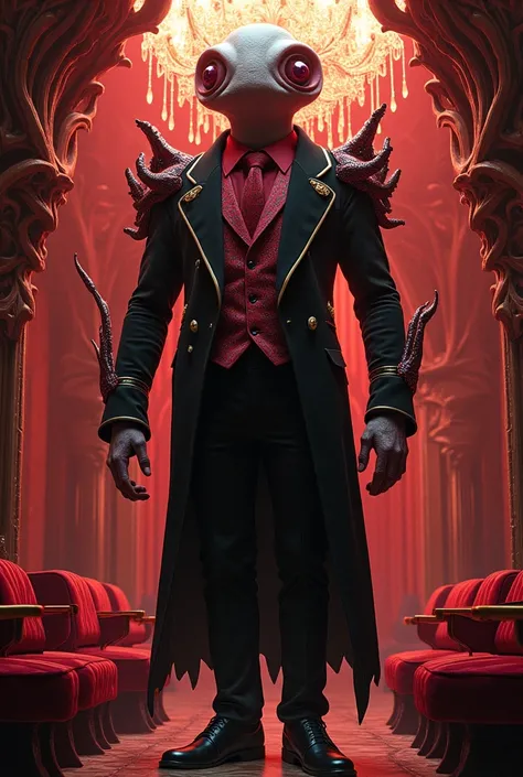 A towering figure with a bulbous, pulsing head and elongated torso, boasting an extra segment of flesh that sprouts a second chest and pair of arms, clad in a gaudy, black velvet suit with a crimson shirt and a patterned waistcoat, stands at the entrance o...