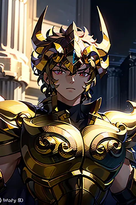 ((  best quality  )), ((  masterpiece  )), (  very detailed: 1.3) 1 boy, baimecha, (leoarmor, helmet,  golden armor , White outer cover  :1), bright red eyes,   Great highlight on the eyes,   sanctuary  , greek temple, palace, during, daylight, (aesthetic)...