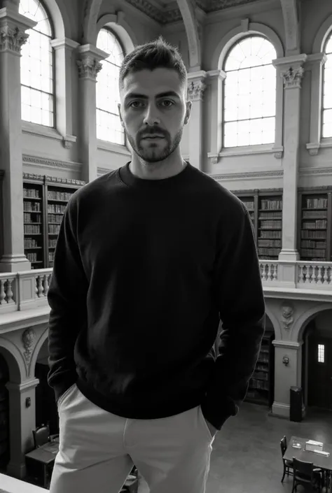 "A black-and-white photograph captures a young man standing on a mezzanine level of a grand, historic library. He wears a dark, oversized sweatshirt paired with tailored light trousers, combining a casual yet polished style. His posture is relaxed, with on...