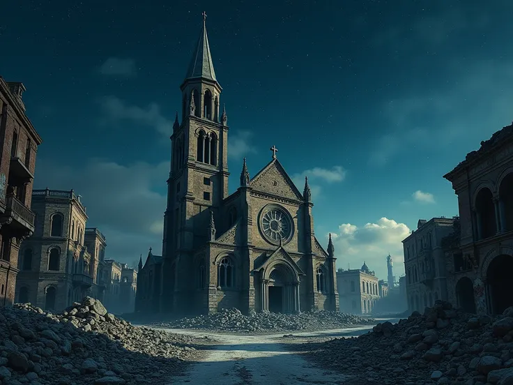 A large, ruined church stands prominently in the center of a war-torn city, under a starry night sky. The towering structure, once majestic, now shows signs of devastation with bullet-riddled walls and shattered windows. Surrounding it are the remnants of ...