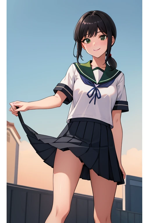 (masterpiece,  top quality:1.2),shape,8k, high definition , 1 girl,Alone,black_hair, short_ ponytail, white cellar clothes , side lock,low_ ponytail,green_eye,smile,black_eye,School_uniform,Pleats_ skirt, skirt,Urine stains，