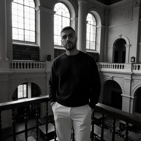 "A black-and-white photograph captures a young man standing on a mezzanine level of a grand, historic library. He wears a dark, oversized sweatshirt paired with tailored light trousers, combining a casual yet polished style. His posture is relaxed, with on...