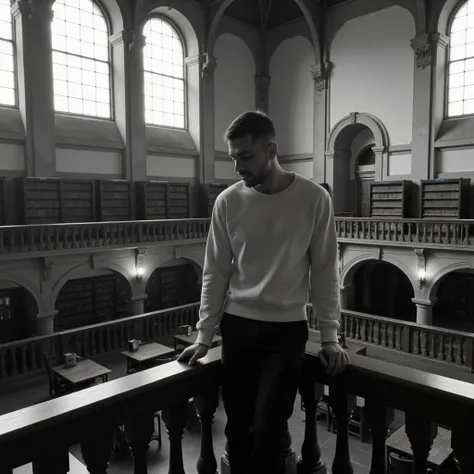  photograph captures a young man standing on a mezzanine level of a grand, historic library. He wears a dark, oversized sweatshirt paired with tailored light trousers, combining a casual yet polished style. His posture is relaxed, with one hand resting in ...