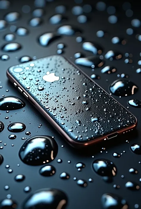  Create an image that represents the cell phone shielding with nano liquid carbon and titanium at 9:16 use iPhone as a model lying on the screen with many drops of liquid metal falling on the drops it looks like molten titanium metal drops scattered all ov...