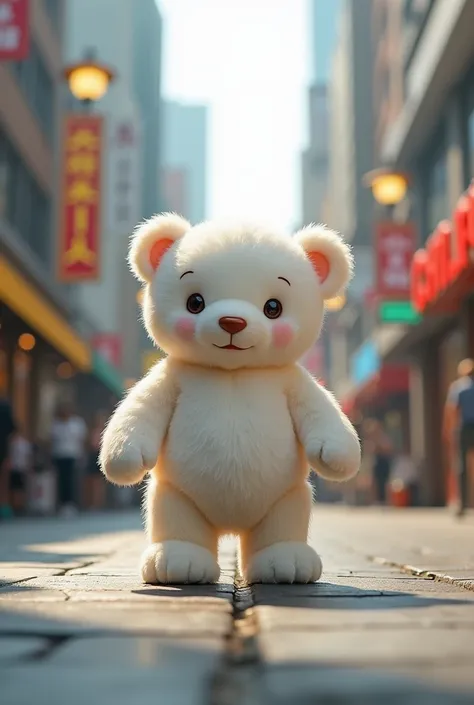 A little white teddy bear 40 centimeters tall in the city next to a person