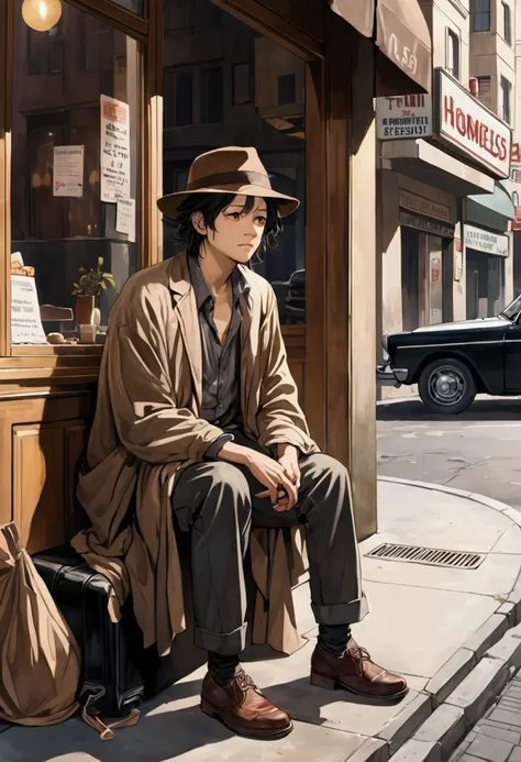  A street  with black hair wears messy clothes and a brown hat,sitting on the corner of a restaurant with a car that says  "homeless"