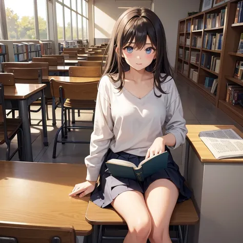 A cute girl, age 20, is reading a book and leaning against the wall in library.