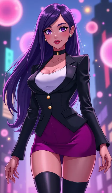 (Zatanna from DC Super Hero Girls 2019), (long purple hair), (straight purple hair), (sparkly purple hair), (magical purple hair) (Dark purple), (Zatanna is a beautiful teenage girl with fair skin and a distinctive hourglass figure), (thick light indigo ha...