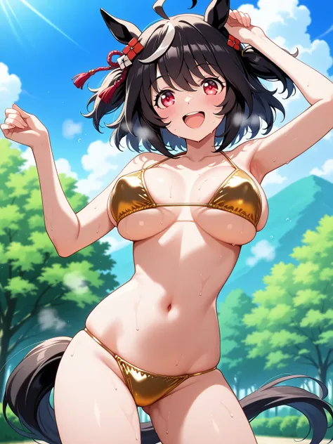 score_9, score_8_up, score_7_up,masterpiece, best quality, (anime screencap),(source_anime), anatomically correct,
(front view),1girl,solo,kitasanblack,ahoge, hair ornament, animal ears, horse tail,black hair,red eyes,
golden bikini,big breasts,perky breas...