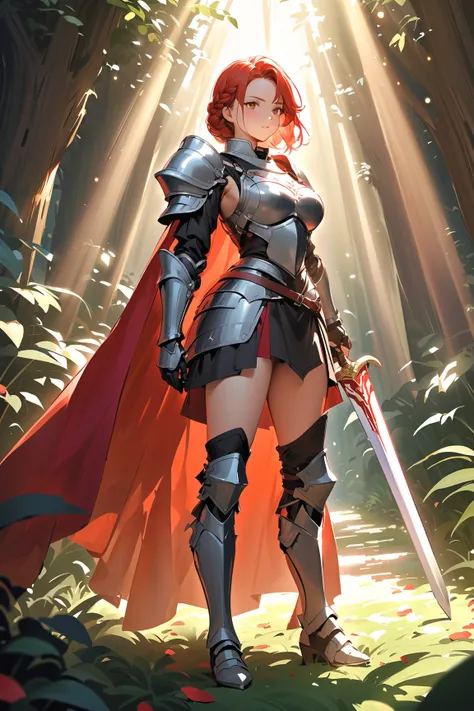 1 girl, (determined face), young adult, long braided hair, (wearing a knights armor with a flowing cape), medium breasts, athletic build, (holding a sword with intricate engravings),  
BREAK  
flower petal-laden path, surrounded by lush greenery, sunlight ...