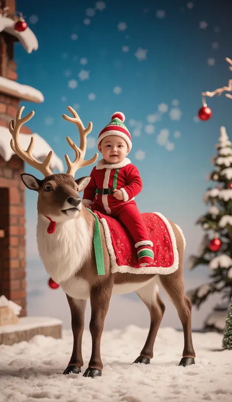  make a  baby happy on top of a reindeer   ,  is showing its whole body standing in front of the camera , With a Christmas costume ,