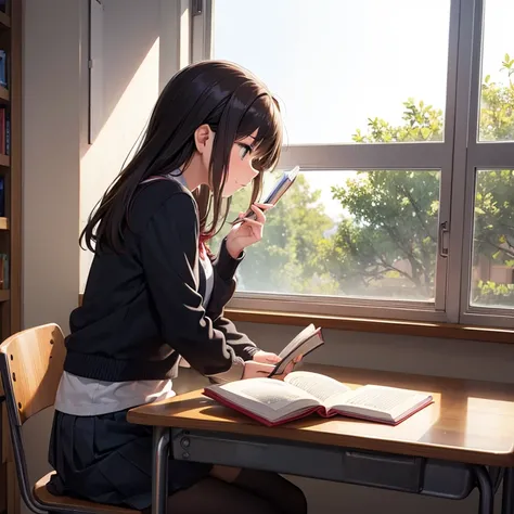 A cute girl, age 20, is reading a book, sitting her class room by the window. From side view.