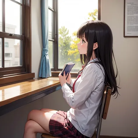 A cute girl, age 20, is reading a book, sitting her class room by the window. From side view.