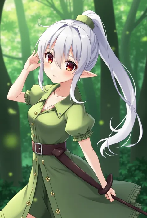 High Resolution, Best Quality, High Ponytail, Elf, Silver Hair, Red Eyes, Fokus eyes, Large breasts, Hair Clip, Earrings, Reflection Light, Anime Style, green archer, forest 