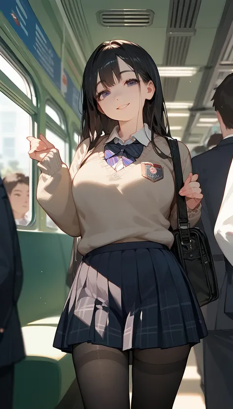 ((Score_9,Score_8_up,Score_7_up)),(((source_anime))), (((anime))), 1 anime girl, white skin, high school student, sexy body, plump, black hair, (high quality face), (high quality eyes), school uniform, skirt, (((black tights, black stockings))), simple swe...