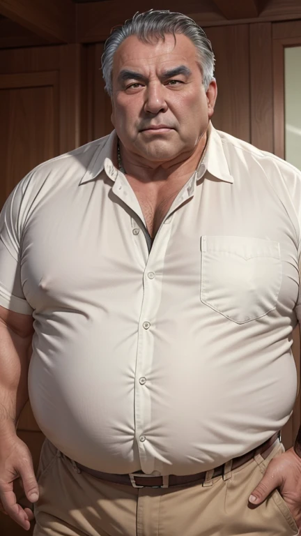 one fat strong elderly man。 huge muscles。White open-collar shirt。brown chinos 。 has no background。 looking at camera。Precise depiction。 highest resolution。Maximum number of pixels。 Best Picture Quality 。 hyperreal。 they love each other 。