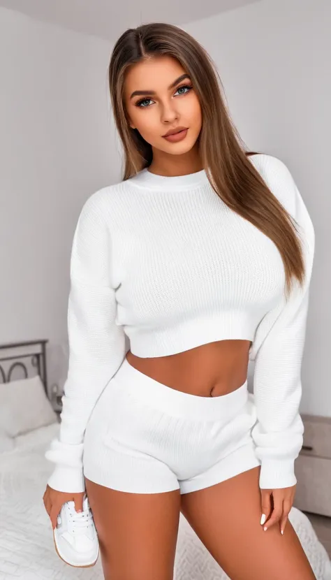 girl,  Big breasts , cropped white sweater,  sexy panties , white sneakers