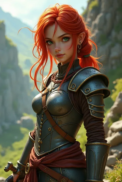 Please, Create a young RPG warrior ,  with red hair and green eyes,  she wears simple metal armor with bronze details, She holds a sword in her right hand