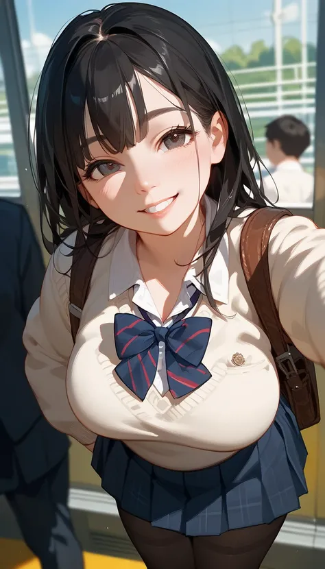 ((Score_9,Score_8_up,Score_7_up)),(((source_anime))), (((anime))), 1 anime girl, white skin, high school student, sexy body, plump, black hair, (high quality face), (high quality eyes), school uniform, skirt, (((black tights, black stockings))), simple swe...