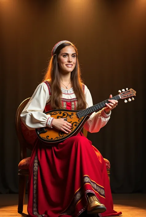 Photographic, superrealism, Front  view , Russian White  girl , front mike, Full body, sitting  play on chair, Play a triangle balalaika , (brown hair, long hair , gray eye, beautified lip ,smile), (middle  Breasts, middle Hips) ,(wearing traditional ethni...