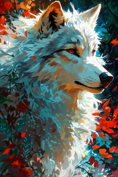 A wolf with white fur and red eyes 