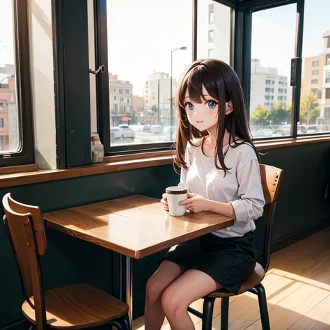 A cute girl, age 20, is sitting in a coffee shop by the windows.