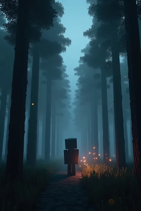 Minecraft-style forest with tall, blocky trees, dark atmosphere, fog creeping through the ground, glowing orange particles floating in the air, eerie and unsettling mood, pixelated textures, blocky character silhouette in the middle of the forest, dramatic...