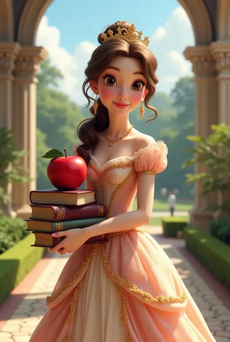 A Disney princess carrying books with an apple on top and going to royal school 