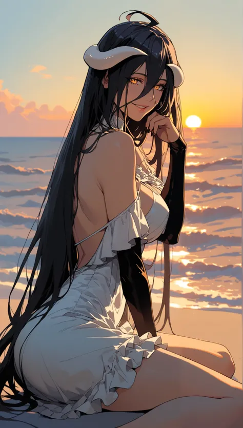 (score_9,score_8,score_7_up,score_6_up)sinozick style，flat color, dark theme
waligner overlord albedo absurdres english_commentary highres paid_reward_available 1girl ass white_dress backless_outfit bare_shoulders white_dress breasts black_hair closed_mout...
