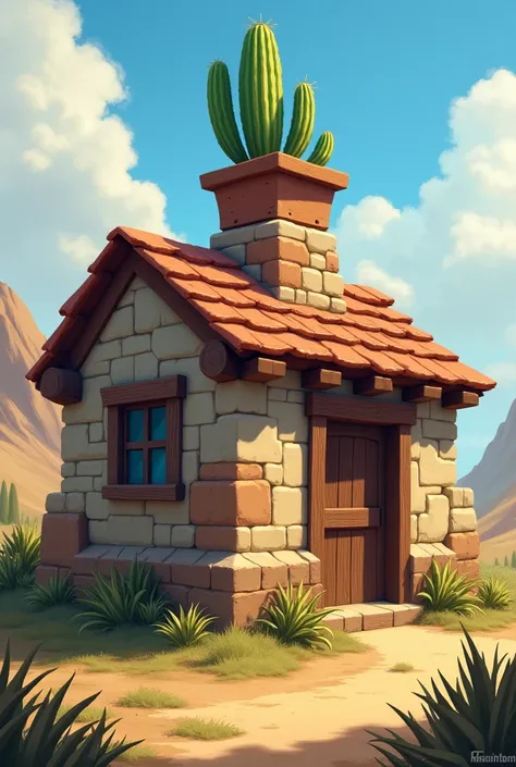 An old traditional chimney-house, style réaliste avec un vrai cactus en pot dessus