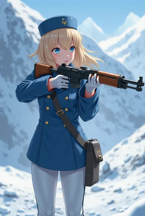 WW1, 1 girl, blond, blue uniform, in snow mountain, white BDU, holding 1 rifle, (best quality, high resolution, perfect quality), (looking afar), blizzard, {{{high detailed rifl {{{ANIME STYLE}}} aiming with the rifle