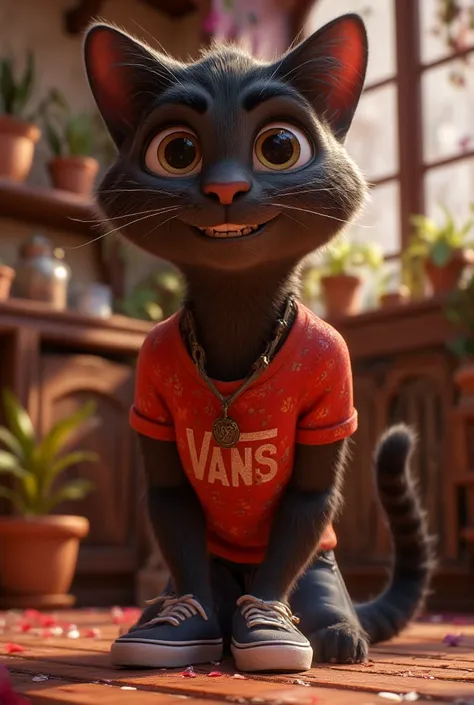 A black cat with a human body , He wears a red t-shirt and blue jeans and Vans ,  shoes with a relaxed face looking at the spectator in modern style, tender