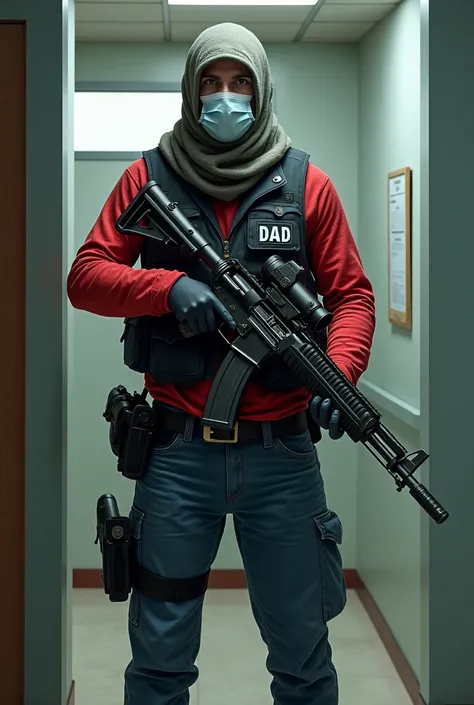  Doctor is wearing a red long-sleeved paramedic top + blue jean pants + sac rouge avec crois blanche qui sappelle DAD sur son gilet noir type porte plaque avec un Glock + He is wearing a surgical mask and a big scarf on his head, He defends his Clinic arme...