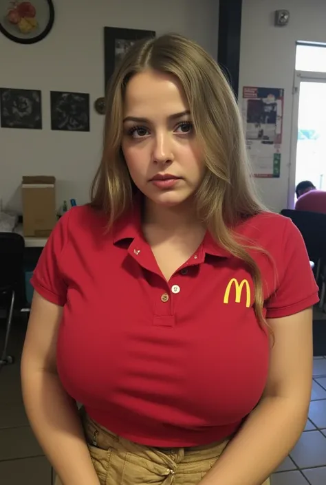 photograph of a stunningly attractive busty women wearing a polo t-shirt, she is working at a mcdonalds squeezing her breasts. gorgeous face. 21 year old woman. She has enormous natural breasts. she is squeezing her breasts to try to contain them. E-girl. ...