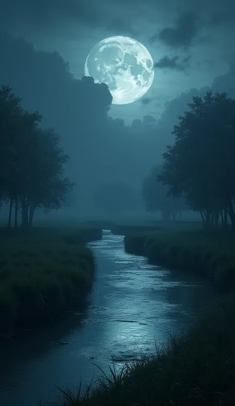 Dark Empty river bank with green grass and cloudy moon in the sky 