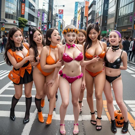 (((SFW, 11 Tiny Girls in a row:1.2, Shibuya Hachiko-mae scramble crossing on Halloween:1.2))), (masterpiece:1.2, best quality, photorealistic:1.37), {(Standing Full Body:1.2)|(from below:1.2)}, short silver hair, {School Uniform|naked bandage|tutu}, (Detai...